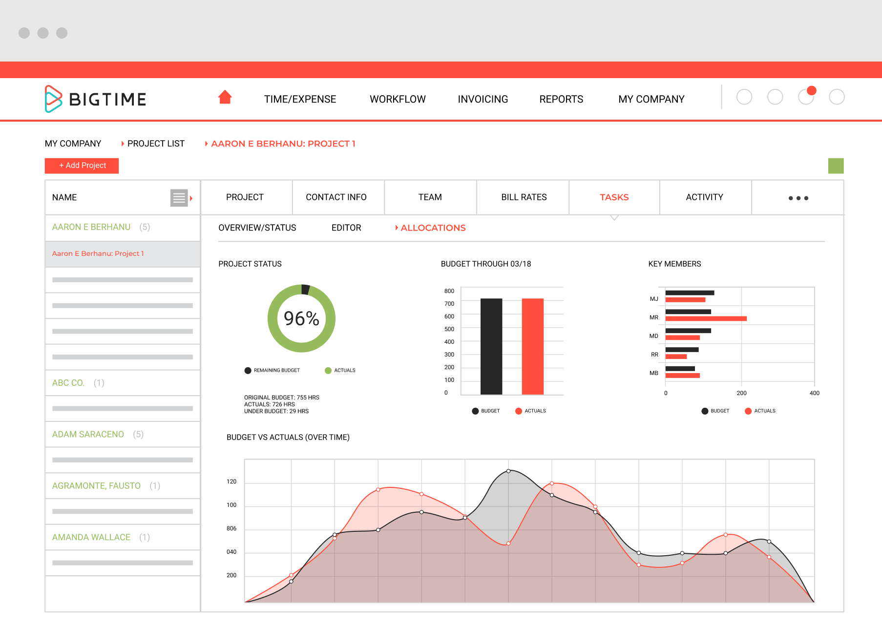 BigTime tracking project and billable hours